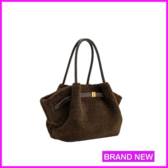 Medium Tote Bag with Faux Fur, Magnetic Closure, 17x10x5 Inches - Picture 6 of 7